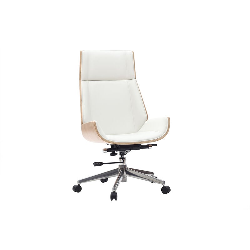 Fauteuil de bureau de direction design blanc, bois clair et acier chromé curved