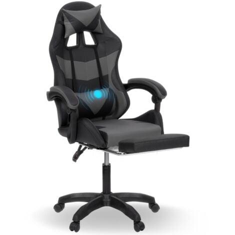 IDMARKET Fauteuil de gaming CHUCK avec repose-pied, coussin de tête et support lombaire massage noir et gris