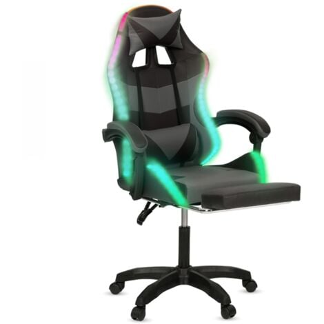 IDMARKET Fauteuil de gaming LED LUC avec repose-pied, coussin de tête et support lombaire noir et gris