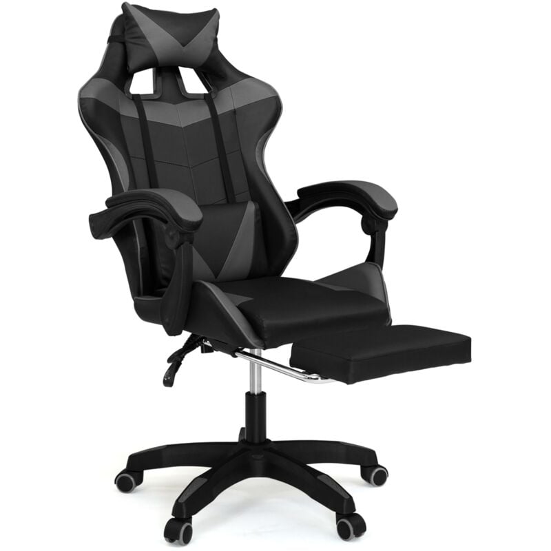 Fauteuil de gaming alex réglable avec repose-pied, coussin de tête et coussin lombaire noir et gris