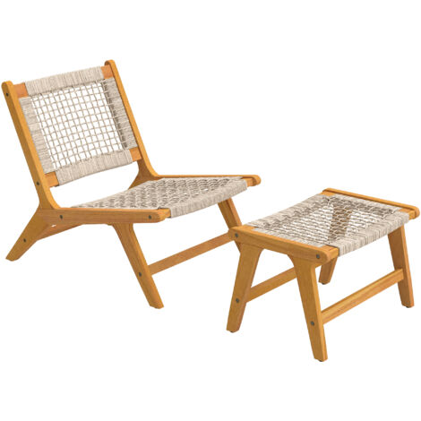Fauteuil de jardin 2 pièces avec tabouret en acacia FSC, siège en rotin, style boho, pieds réglables pour terrasse