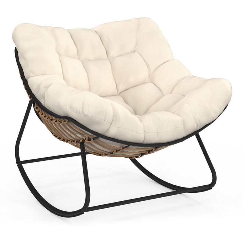 Fauteuil de jardin à bascule LOA effet rotin avec coussin écru
