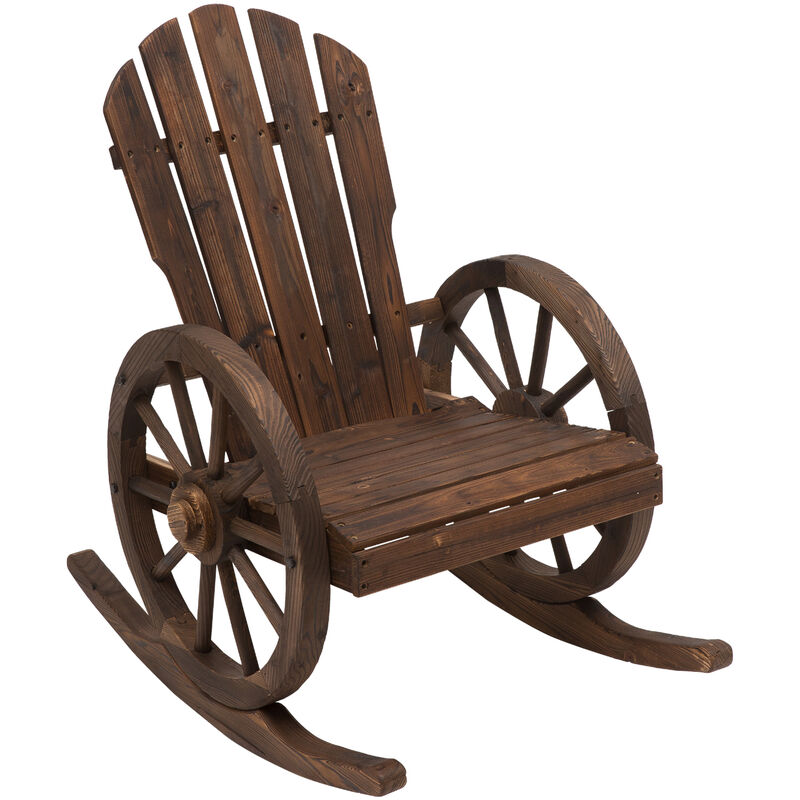 Fauteuil de jardin Adirondack à bascule rocking chair style rustique chic accoudoirs roues charette bois sapin traité carbonisation - Marron