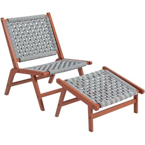 Fauteuil de jardin avec repose-pieds - chaise relax en bois d'acacia et corde résine tressée - naturel, gris