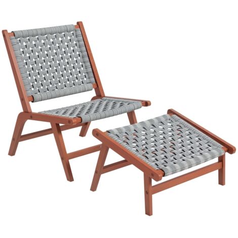 Fauteuil de jardin avec repose-pieds - chaise relax en bois d'acacia et corde résine tressée - naturel, gris