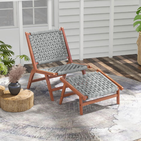 Fauteuil de jardin avec repose-pieds - chaise relax en bois d'acacia et corde résine tressée - naturel. gris