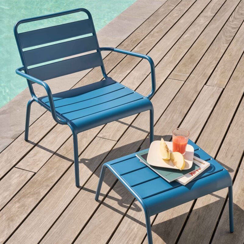 Fauteuil relax et repose pied en métal bleu pacific - Palavas