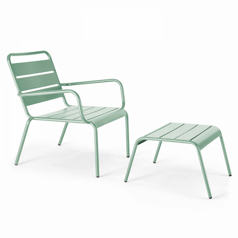 Fauteuil relax et repose pied en métal vert sauge - Palavas