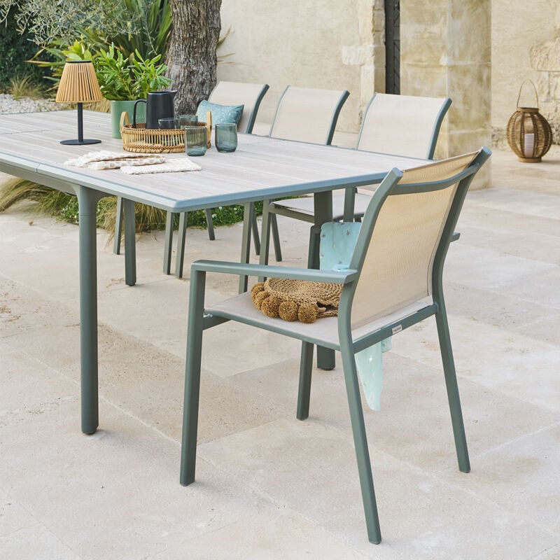 Hesperide - Fauteuil de jardin empilable Essentia lin & vert laurier aluminium et texaline - Hespéride