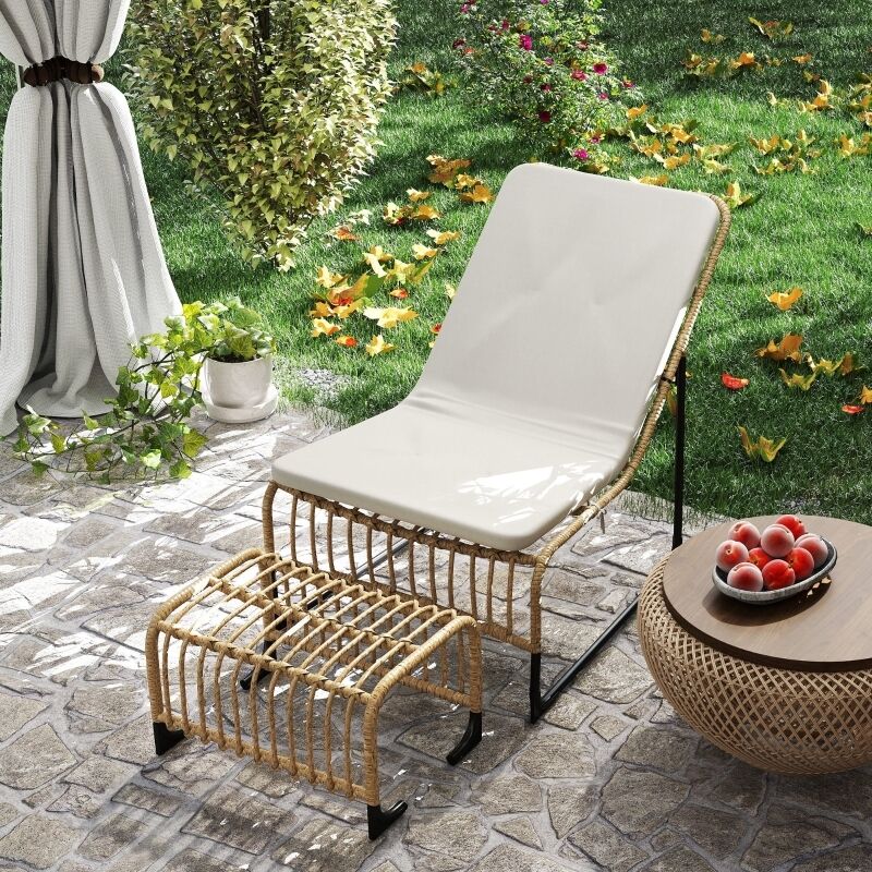 Fauteuil De Jardin Lounge Sans Accoudoirs avec Pouf, Coussin Fixable, Structure Acier, en Rotin, Blanc Crème