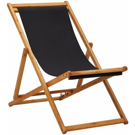 Fauteuil de jardin Moderne - Chaise pliable de plage Bois d'eucalyptus et tissu Noir,