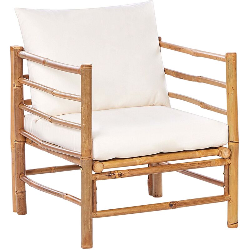 Fauteuil de Jardin Moderne Rustique en Bambou avec Dossier et Coussins Extérieur Blanc Cassé Cerreto
