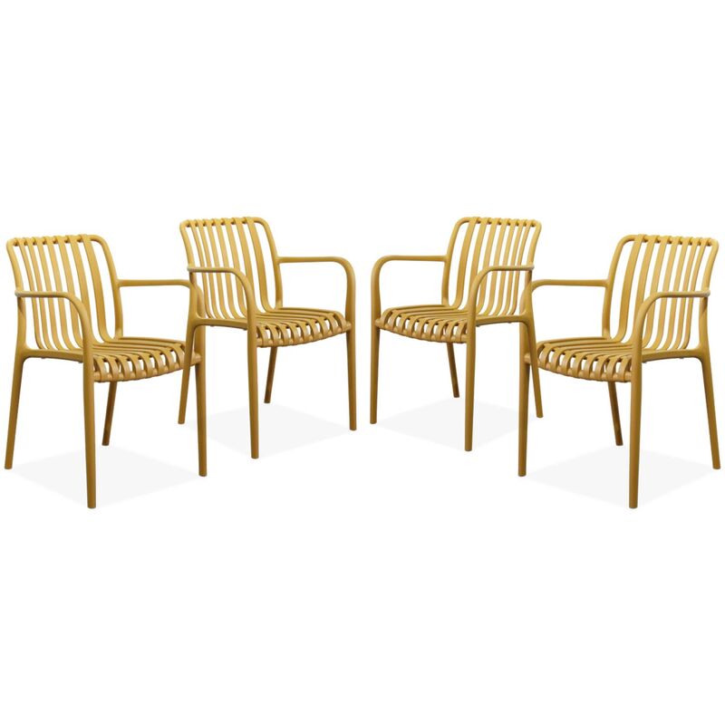 Lot de 4 fauteuils de jardin en plastique moutarde. empilables. design linéaire
