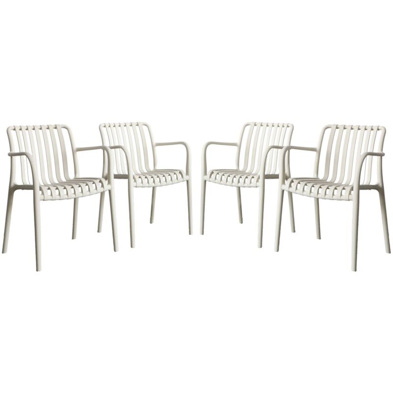 Lot de 4 fauteuils de jardin en plastique beige. empilables. design linéaire