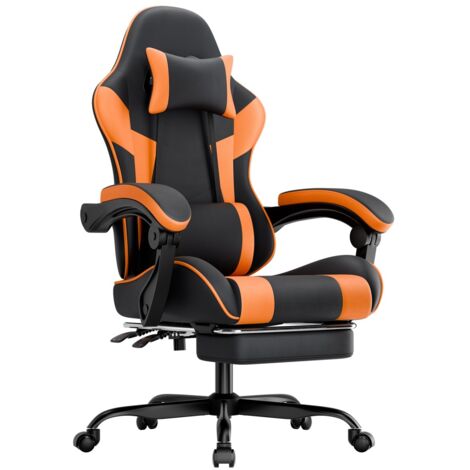 Fauteuil de jeu & bureau ergonomique, cuir PU respirant, soutien lombaire, assise et dossier réglables, charge 200kg, noir orange, dimensions 52x63x121-131cm
