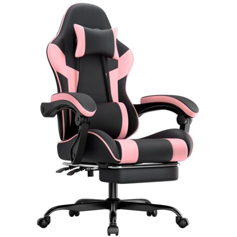 Fauteuil de jeu & bureau ergonomique, cuir PU respirant, soutien lombaire, assise et dossier réglables, charge 200kg, noir rose, dimensions 52x63x121-131cm