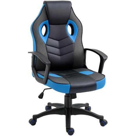 Fauteuil de jeu ergonomique, fauteuil de bureau pivotant à roulettes en cuir PU noir et bleu, hauteur réglable
