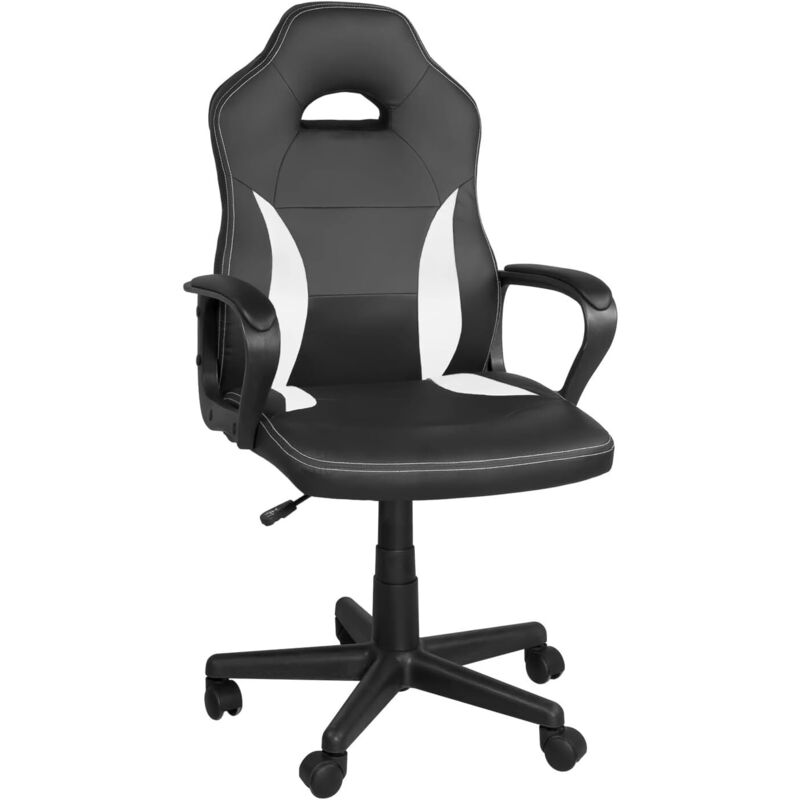Fauteuil de jeu, hauteur réglable, siège en similicuir bicolore, pivotant à 360°, accoudoirs rembourrés, roulettes WAN (noir et blanc)
