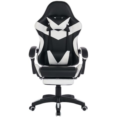 Fauteuil de jeu pivotant à 360°, fauteuil de bureau à dossier haut en cuir véritable, fauteuil de bureau réglable en hauteur, avec repose-pieds, appui-tête et soutien lombaire, noir et blanc