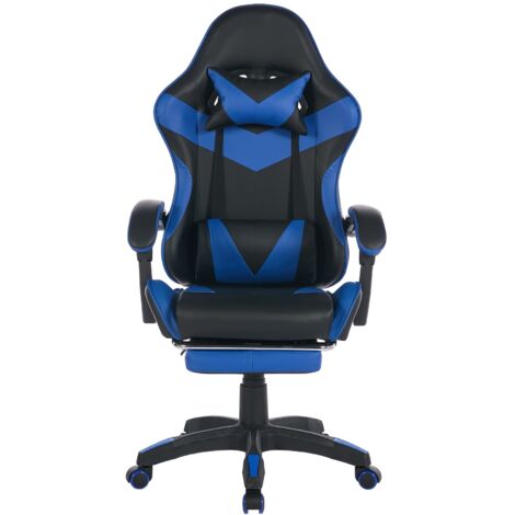 Fauteuil de jeu pivotant à 360°, fauteuil de bureau en cuir véritable à dossier haut, réglable en hauteur, avec repose-pieds, appui-tête et soutien lombaire, idéal pour le bureau et le jeu – noir et b