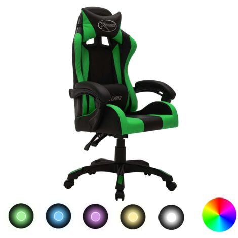 Fauteuil de jeux vidéo avec LED RVB Vert et noir Similicuir vidaXL