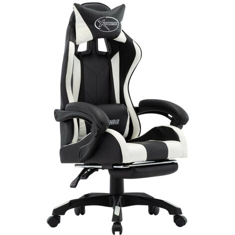 Fauteuil de jeux vidéo et repose-pied Blanc et noir Similicuir