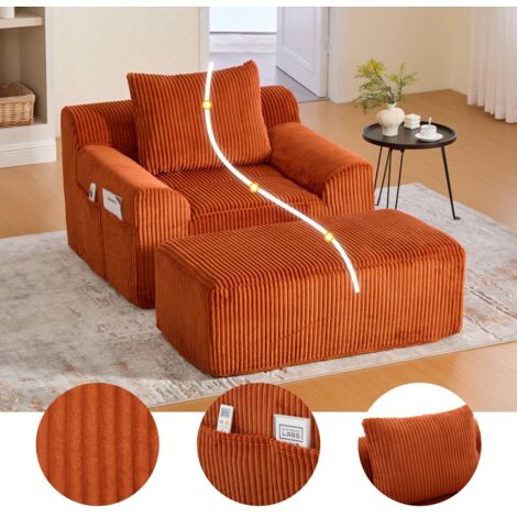 Fauteuil de lecture XXL velours côtelé avec étriers et poches, assise profonde, design moderne souple sans montage 147x110x67cm - Orange
