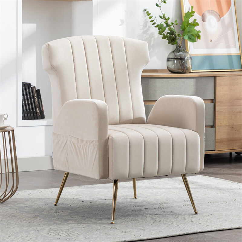 Fauteuil de loisir avec pieds dorés, conception à motif vertical, poches de rangement des 2 côtés, 69x72x90cm beige