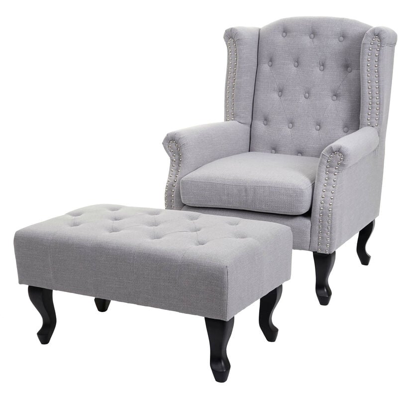 Mendler - Fauteuil de luxe Chesterfield, fauteuil à oreilles, tissu hydrofuge - gris avec ottomane