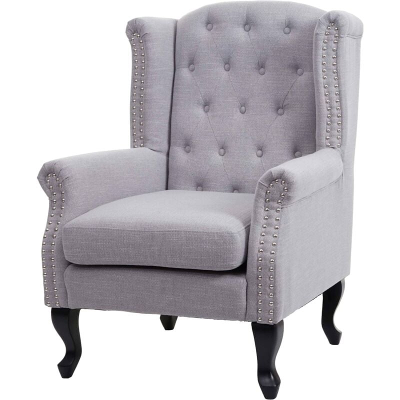 HHG - jamais utilisé] Fauteuil de luxe Chesterfield, fauteuil à oreilles, tissu hydrofuge, gris sans ottomane