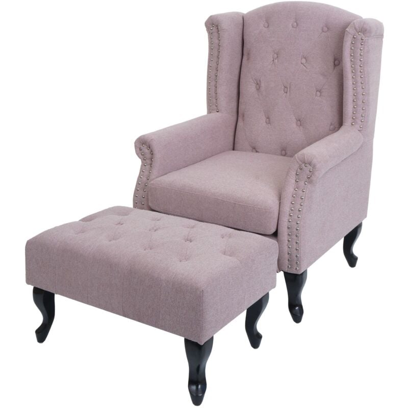 Fauteuil Chesterfield, fauteuil relax fauteuil club fauteuil à oreilles, tissu/textile hydrofuge, rose clair avec ottomane