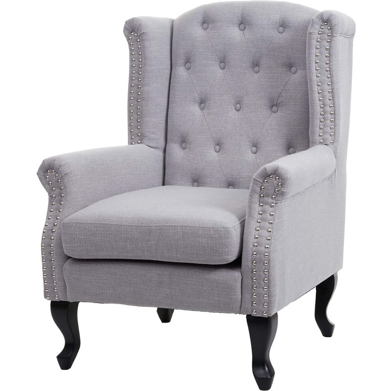 fauteuil de luxe chesterfield, fauteuil a oreilles, tissu hydrofuge ~ gris sans ottomane