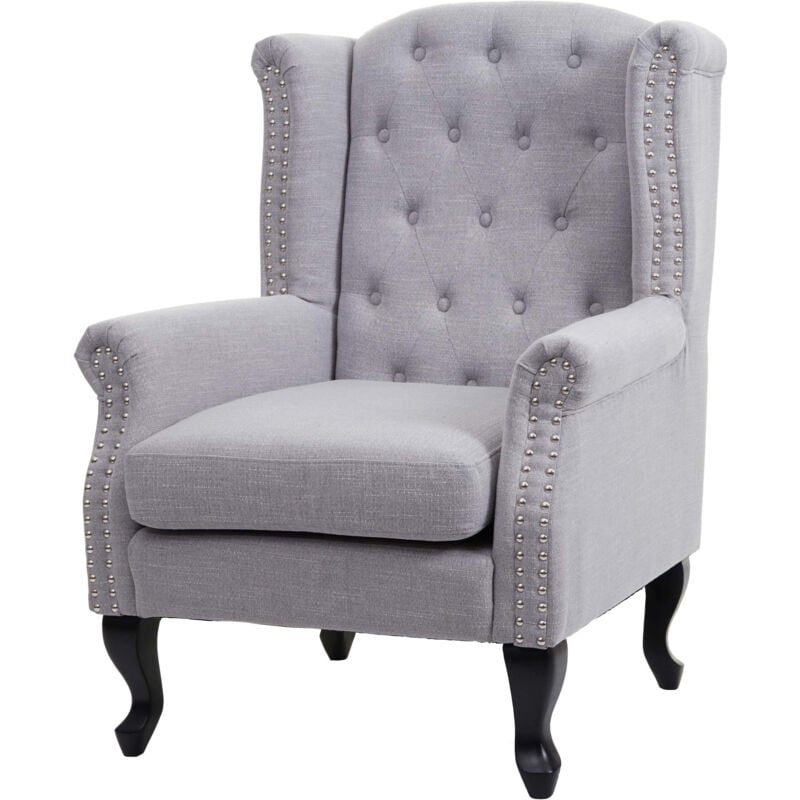 Mendler - Fauteuil de luxe Chesterfield, fauteuil à oreilles, tissu hydrofuge - gris sans ottomane