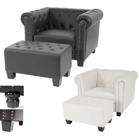 Fauteuil de luxe lounge relax Chesterfield similicuir, pieds carrés, noir