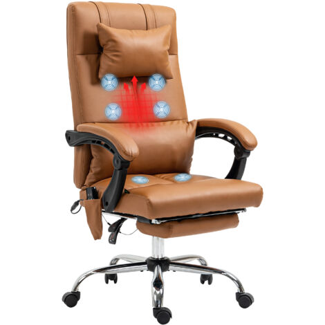 Fauteuil de massage chauffant avec appui-tête et repose-pieds intégrés, revêtement cuir synthétique marron, roulettes incluses.