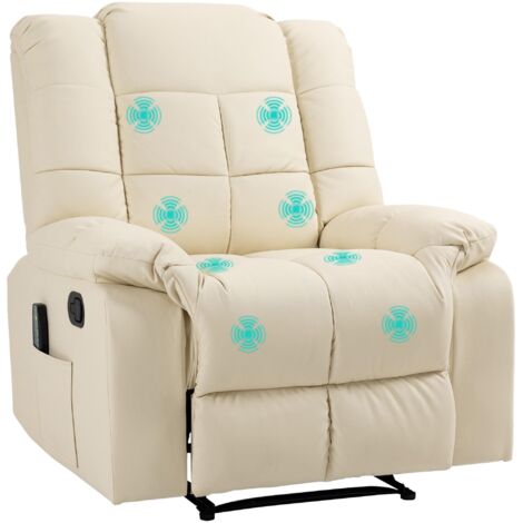 Fauteuil de massage inclinable, 8 points de vibration, similicuir, blanc crème, 94 x 99 x 99 cm