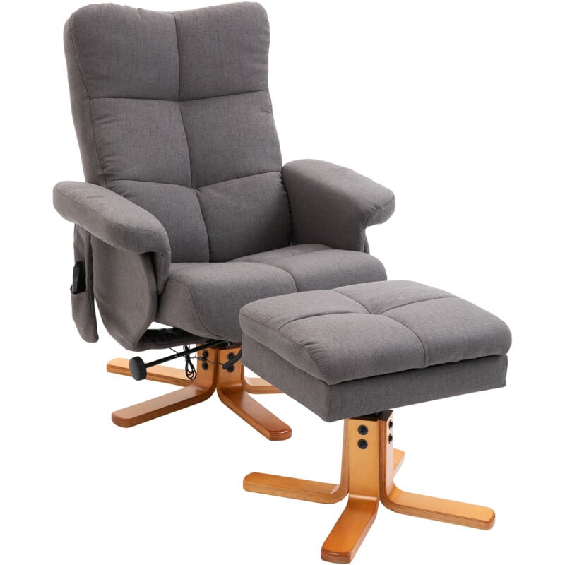 Homcom - Fauteuil de massage inclinable avec repose-pied - coffre rangement intégré - bois tissu gris