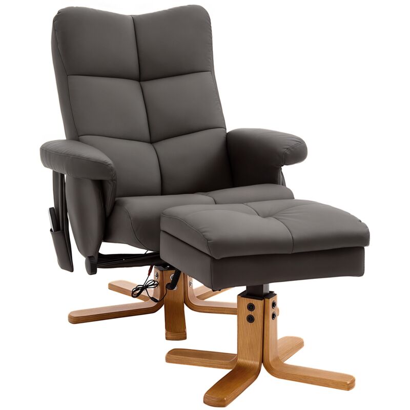 Fauteuil relax massant avec pouf - HOMCOM - pivotant à 360°, dossier inclinable, télécommande - PU - 80 x 86 x 99 cm - marron