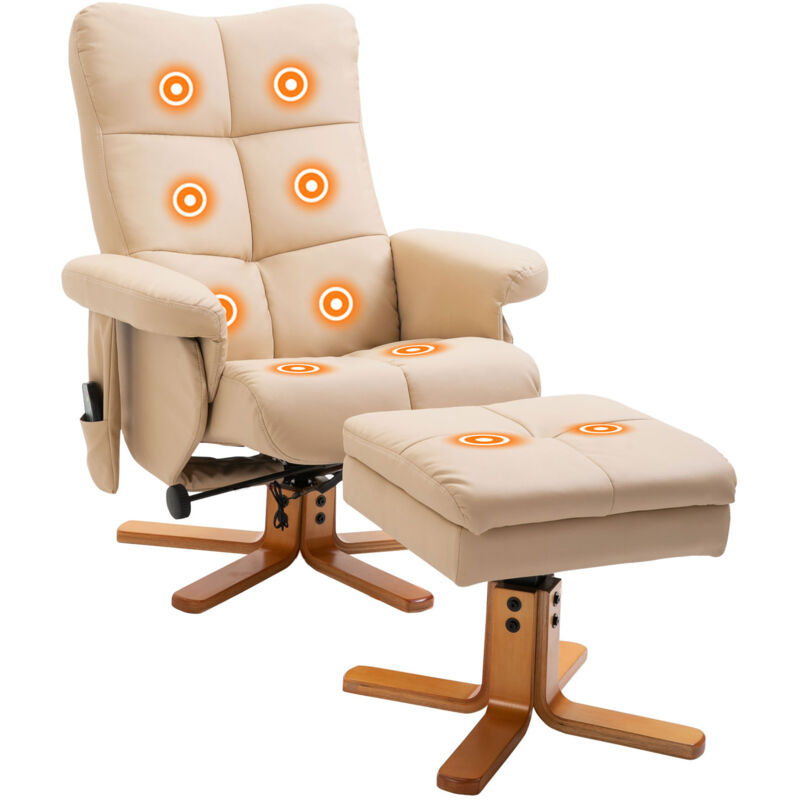 Fauteuil relax massant avec pouf - HOMCOM - pivotant à 360°, dossier inclinable, télécommande - PU - 80 x 86 x 99 cm - crème