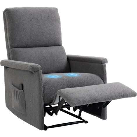 Fauteuil de massage inclinable gris, relaxation avec dossier réglable, large assise confortable, repose-pied intégré, dimensions 69x84x99cm, idéal pour détente et bien-être à domicile.