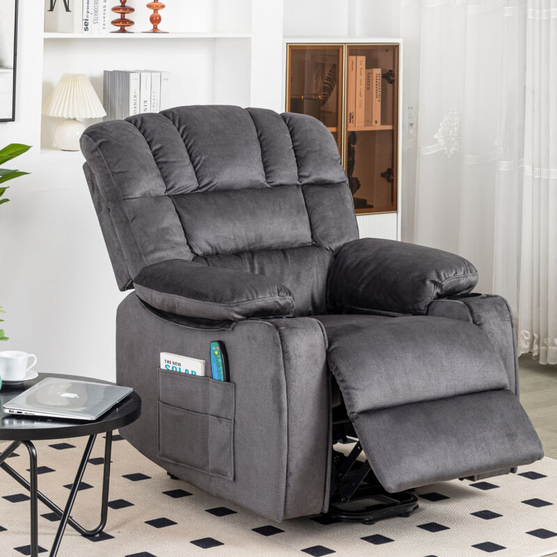 Fauteuil de massage pour personnes âgées à réglage électrique, canapé inclinable en tissu avec 2 porte-gobelets, poches latérales
