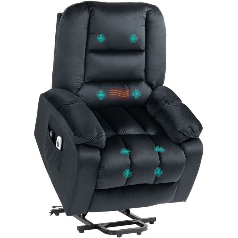 Fauteuil de massage releveur - 8 points de massage, fonction chauffante - 2 télécommandes - velours noir