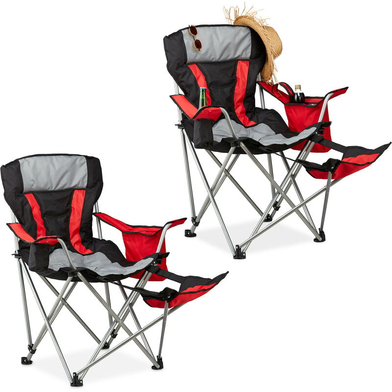 Relaxdays - Fauteuil de pêche pliant, lot de 2, chaise de camping pliable porte-boissons repose-pieds, 150 kg, noir-rouge