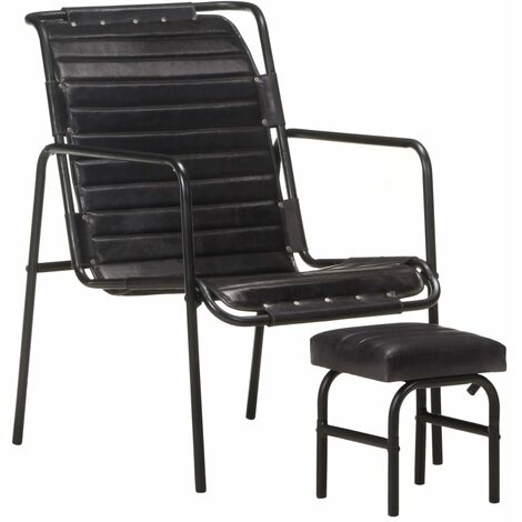 Fauteuil de relaxation avec repose-pied Noir Cuir véritable