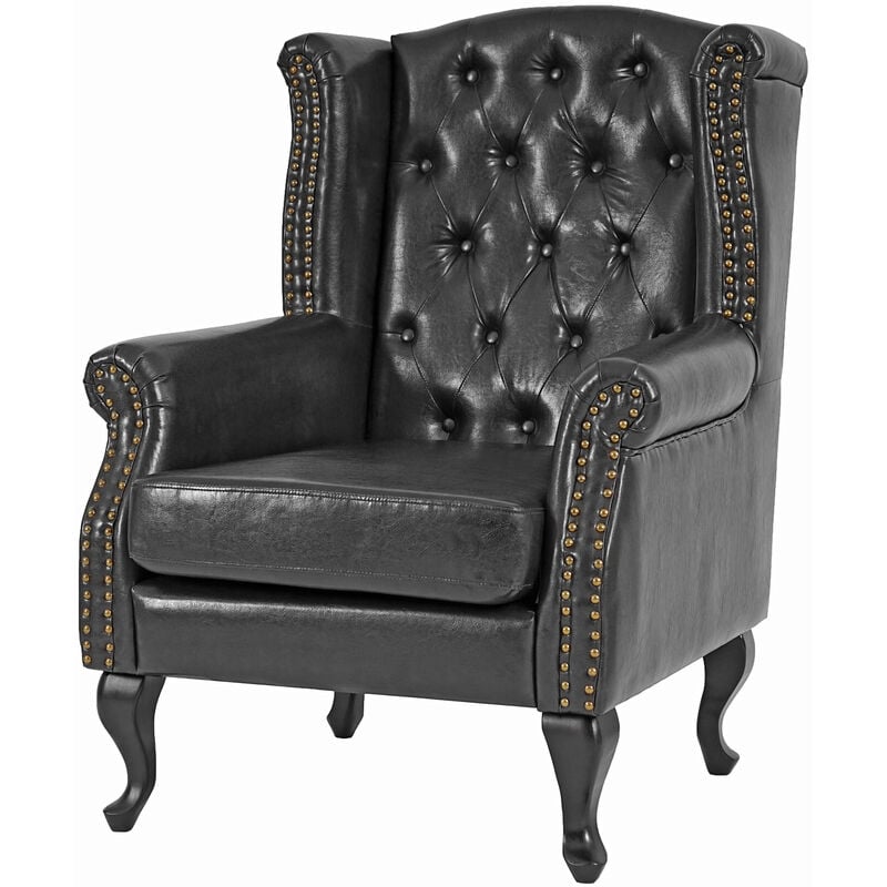 HHG - jamais utilisé] Fauteuil de luxe à oreilles Chesterfield similicuir, noir sans pouf