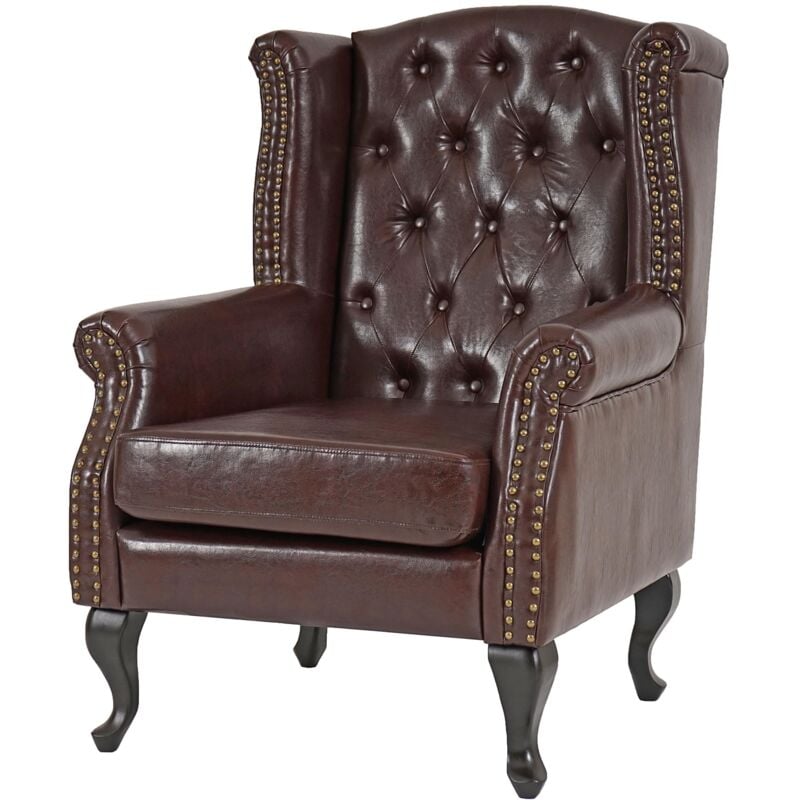 Jamais utilisé] Fauteuil de luxe à oreilles Chesterfield similicuir, brun antique sans pouf