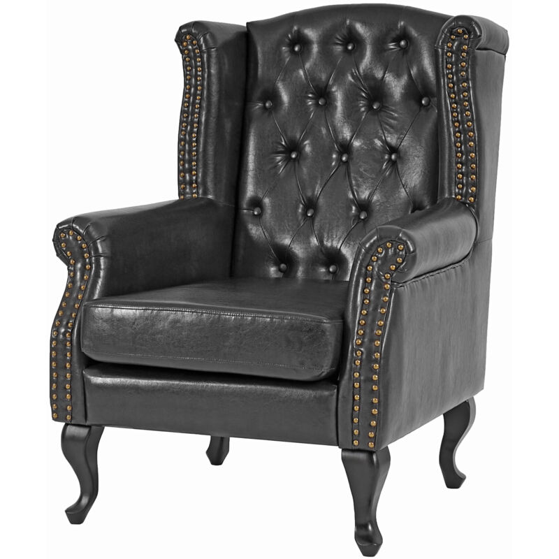 Fauteuil de luxe à oreilles Chesterfield similicuir, noir sans pouf