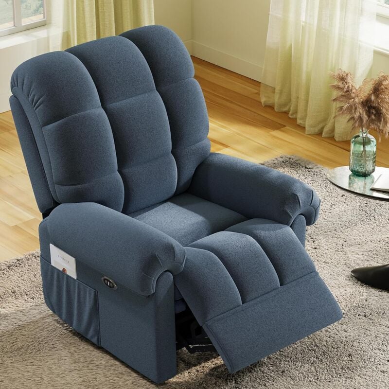 Fauteuil Relax électrique avec Repose-Pieds,Chaise salon en Velours Teddy,Fauteuil à loisirs Réglable,USB,Anti-statique,Confort,Bleu Gris