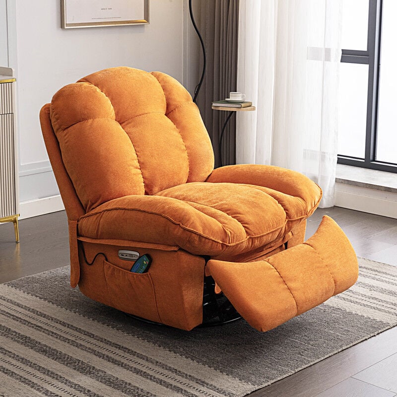 DYHOME Fauteuil de relaxation électrique pivotant avec fonction massage et chauffage, avec port de charge USB et Type-C, Orange