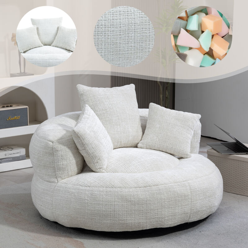 Fauteuil de relaxation ergonomique avec 3 coussins,pouf poire avec dossier haut,lazy canapé usage intérieur/extérieur,108x108x52cm,chenille beige